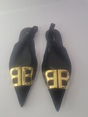 Balenciaga BB Velvet Women's Size 38.5 Black Suede Pointed Toe Slingback Flats